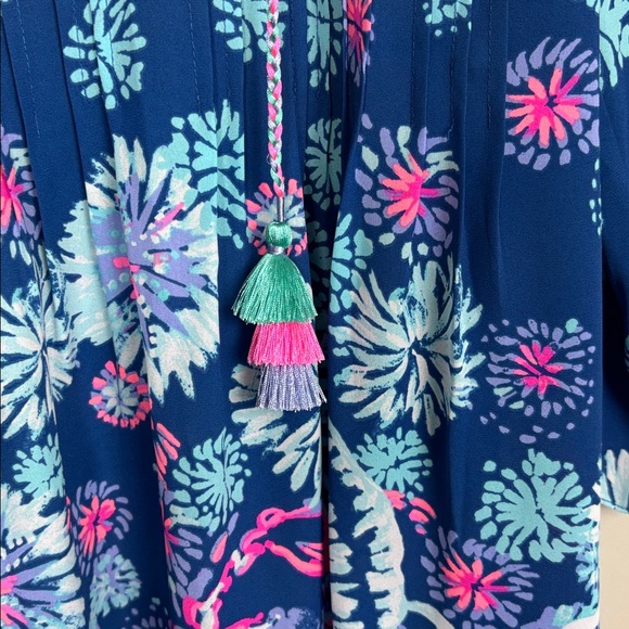 Lilly Pulitzer Blue and Pink Floral Blouse with Tassels - S - Picture 4 of 7